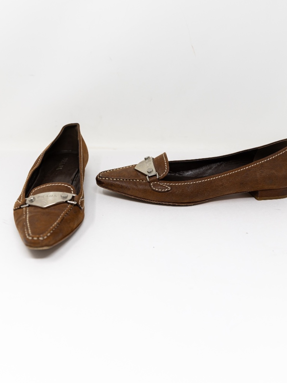 Prada Made In Italy Genuine Leather Pointed Toe Logo Buckle Slip On Flats Shoes